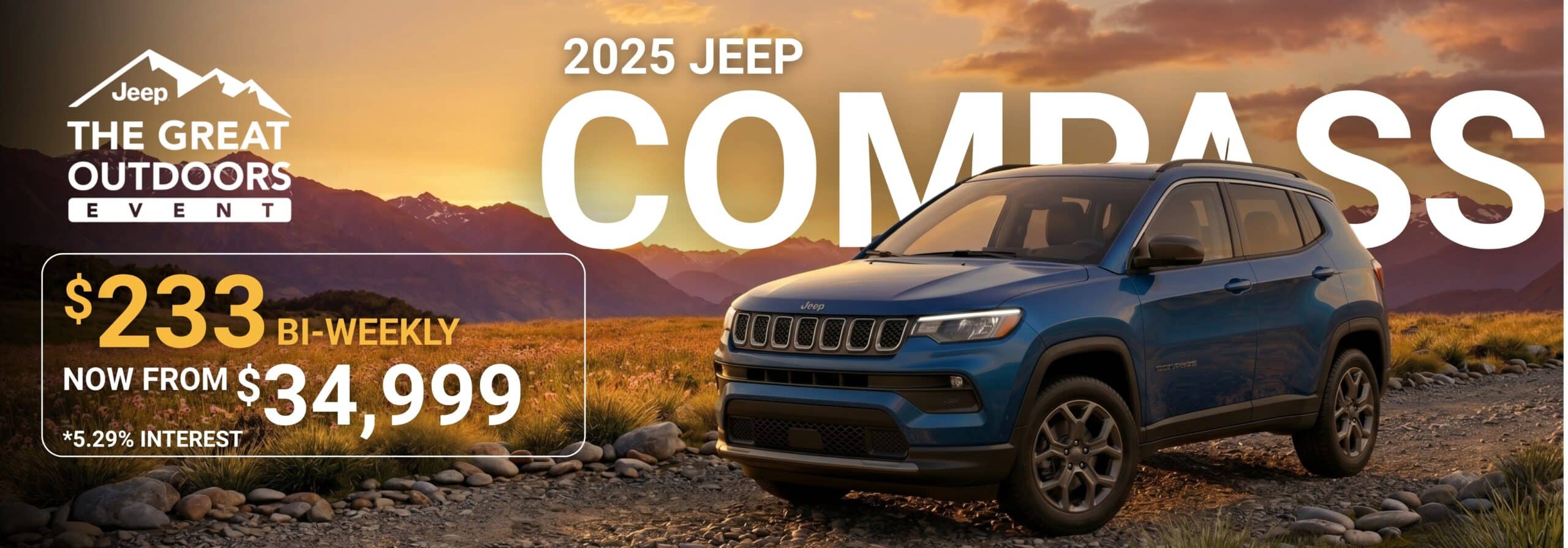 2025 Jeep Compass in blue showcased in mountain scenery during The Great Outdoors Event, $233 bi-weekly.