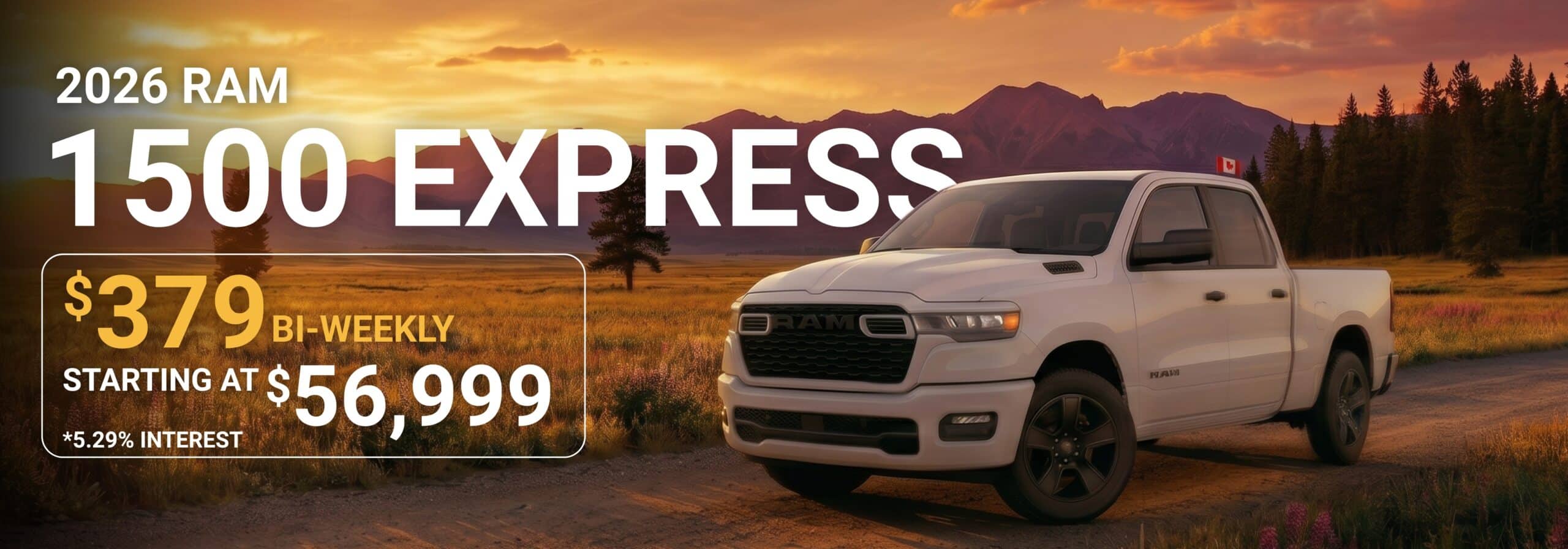 2026 RAM 1500 Express truck on scenic road at sunset with pricing details: $379 bi-weekly, starting at $56,999.