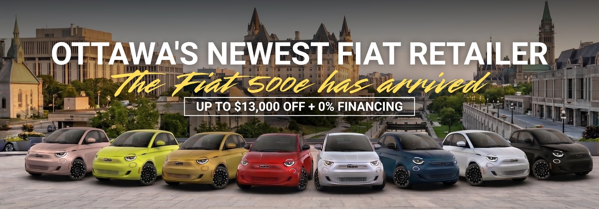 Ottawa's newest Fiat 500e retailer offers up to $13,000 off and 0% financing. Cars displayed in urban setting.