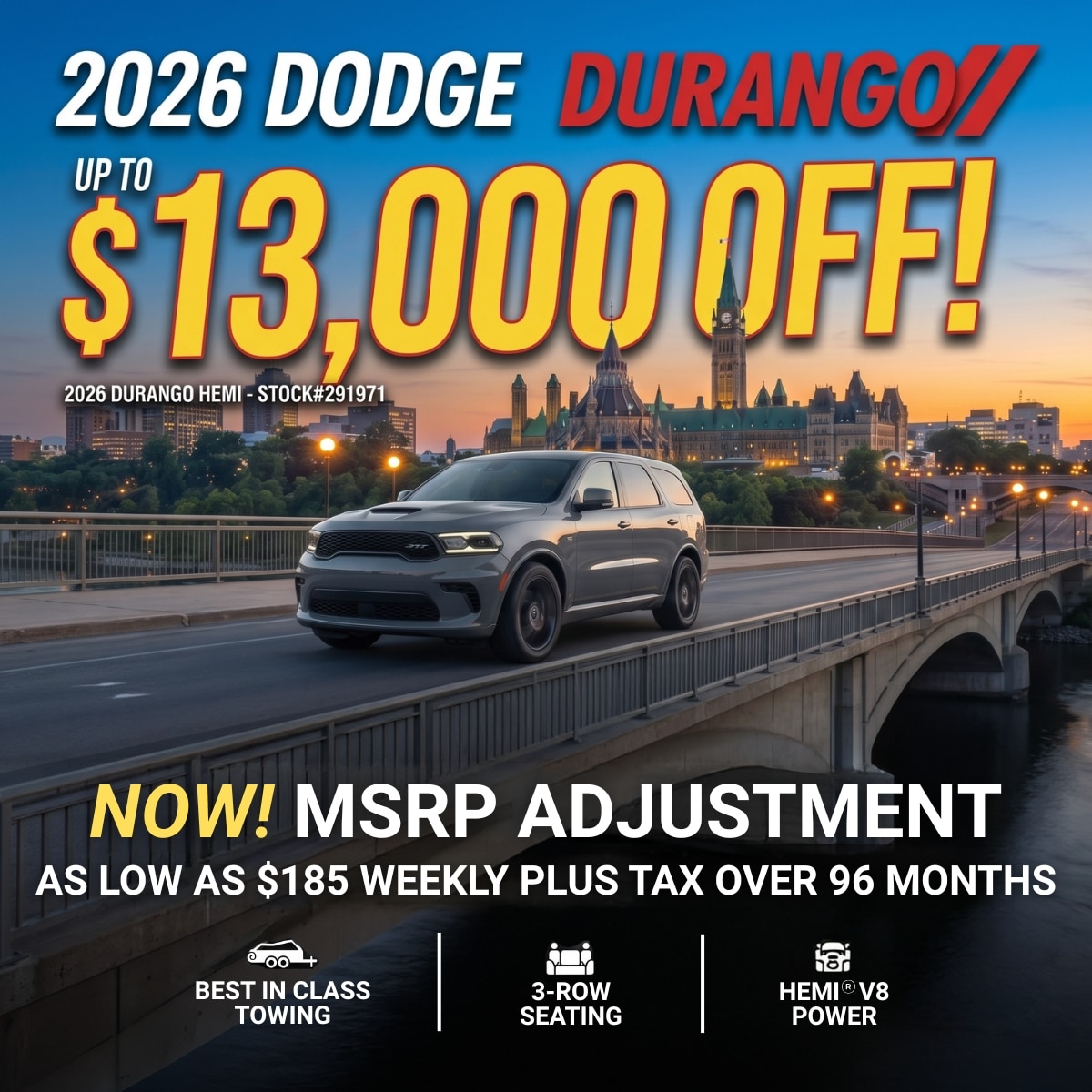 2026 Dodge Durango ad offering up to $13,000 off. Features include best-in-class towing and 3-row seating.