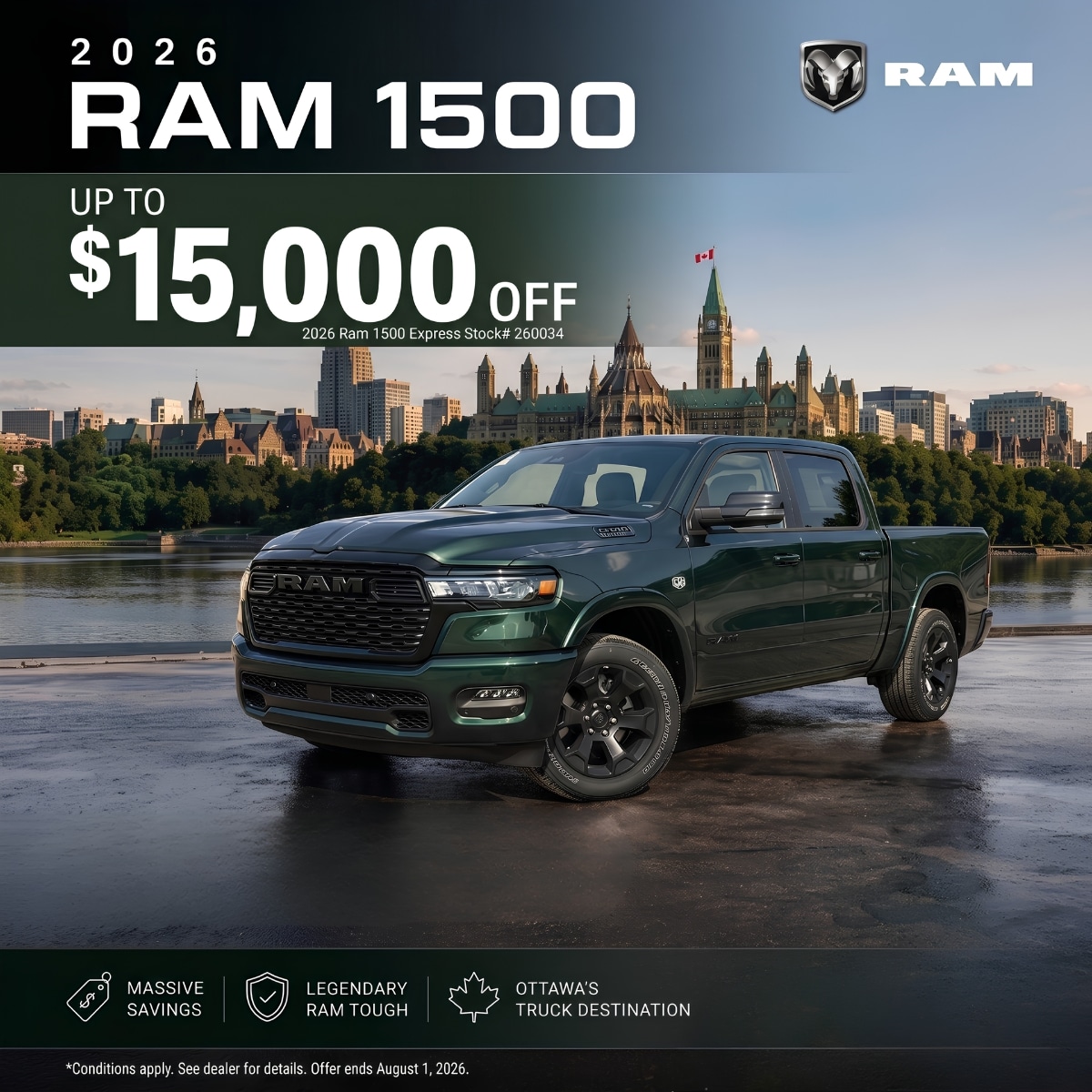 2026 Ram 1500 offer at Southbank Dodge. Up to $15,000 off. Green truck with Ottawa skyline.