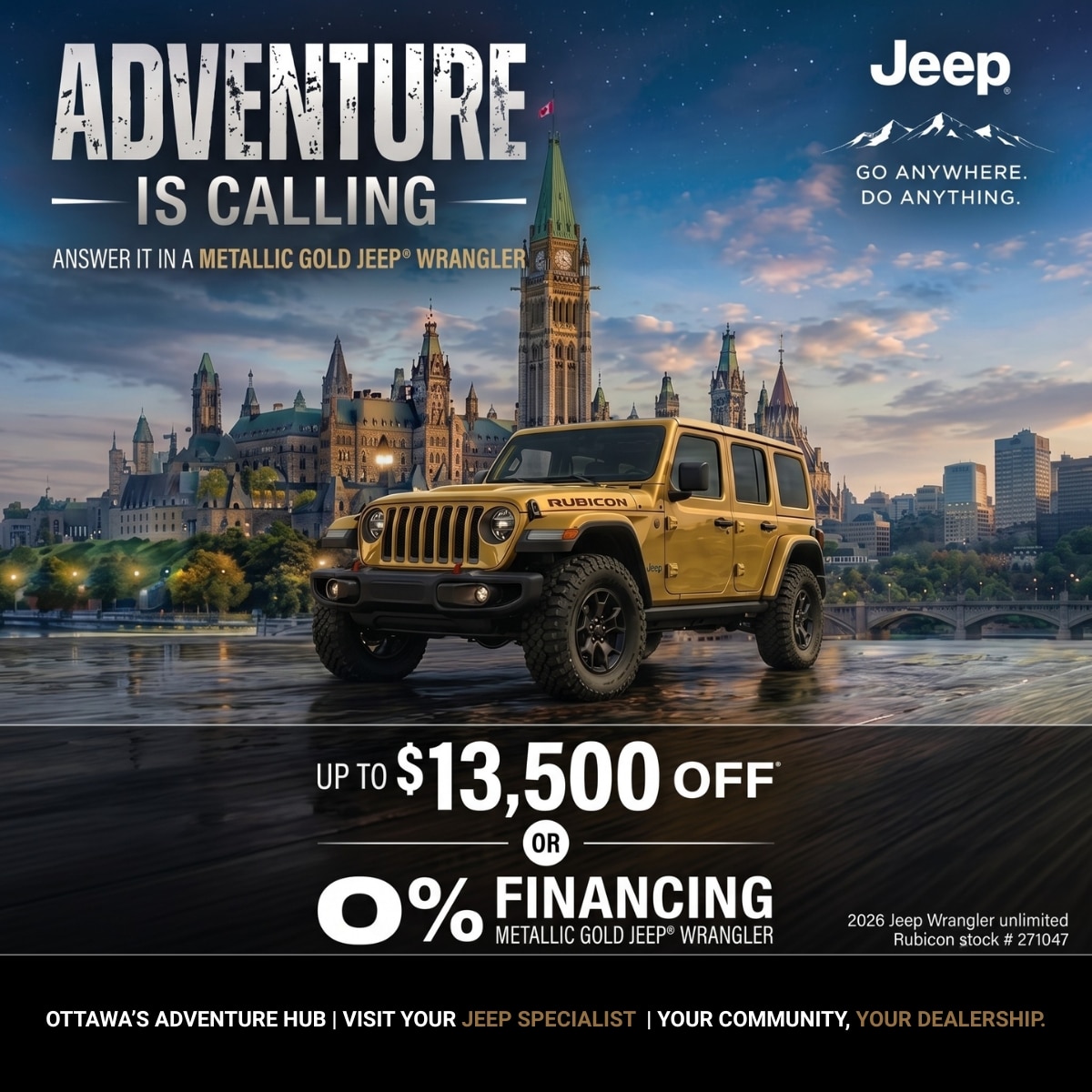 Metallic gold Jeep Wrangler parked in front of Parliament, offering up to $13,500 off or 0% financing at Southbank Dodge, Ottawa.