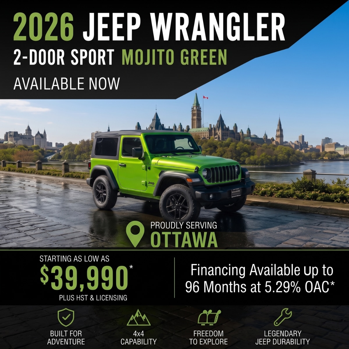 2026 Jeep Wrangler 2-Door Sport in Mojito Green, available in Ottawa, starting at $39,990. Financing options offered.