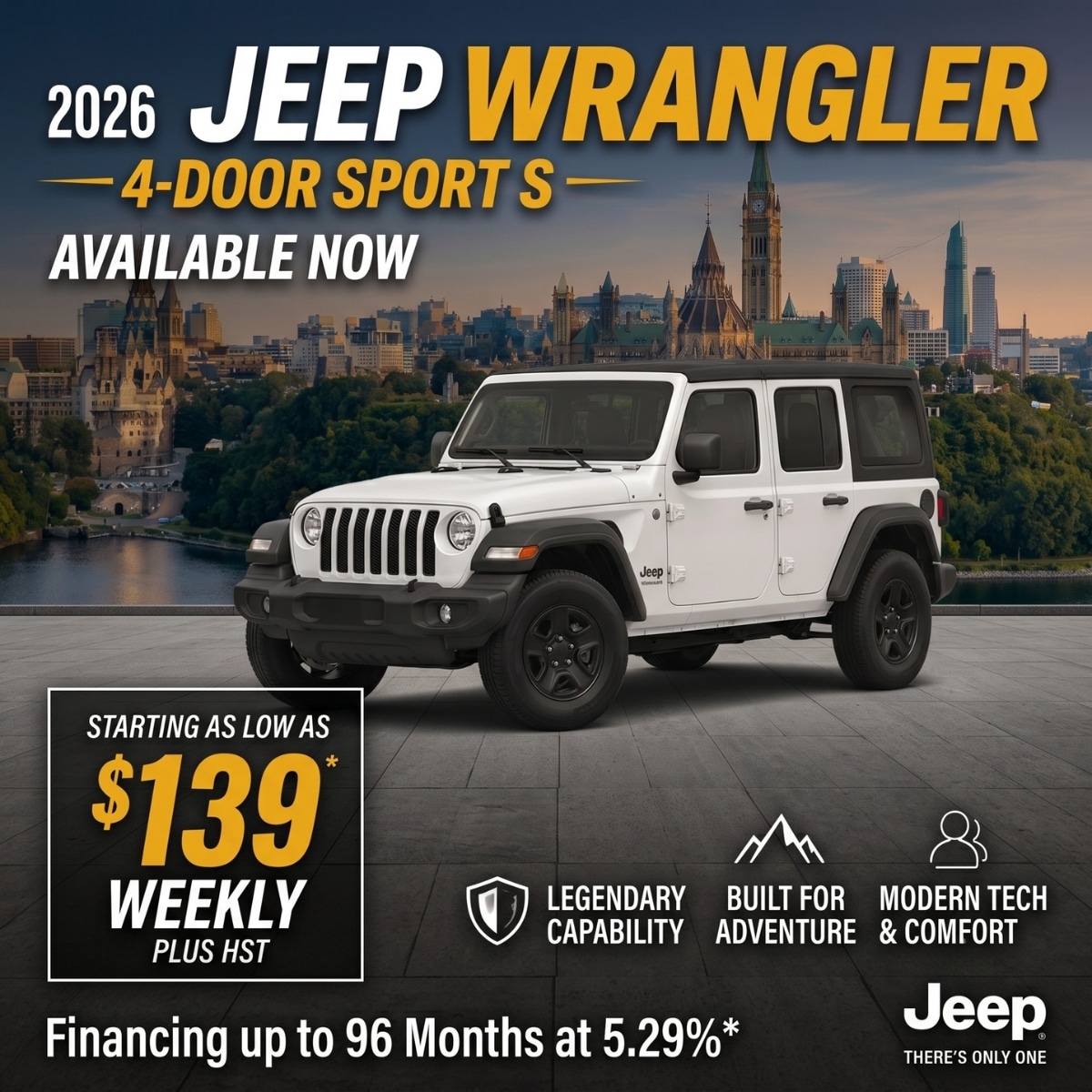 2026 Jeep Wrangler 4-Door Sport S ad. Features, pricing, and finance terms with city skyline backdrop.