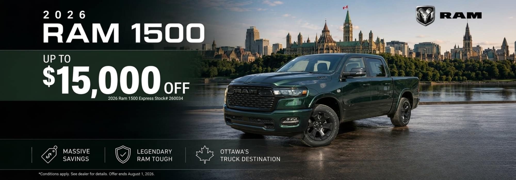 2026 Ram 1500 truck promotion with $15,000 discount, available at Southbank Dodge, Ottawa.