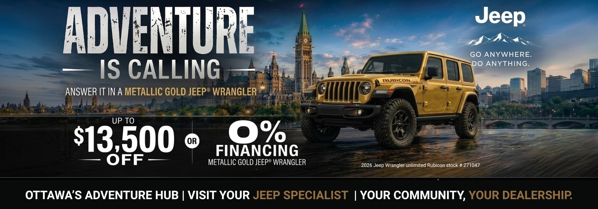 Advertisement for a metallic gold Jeep Wrangler with financing offers, featuring Ottawa's skyline.