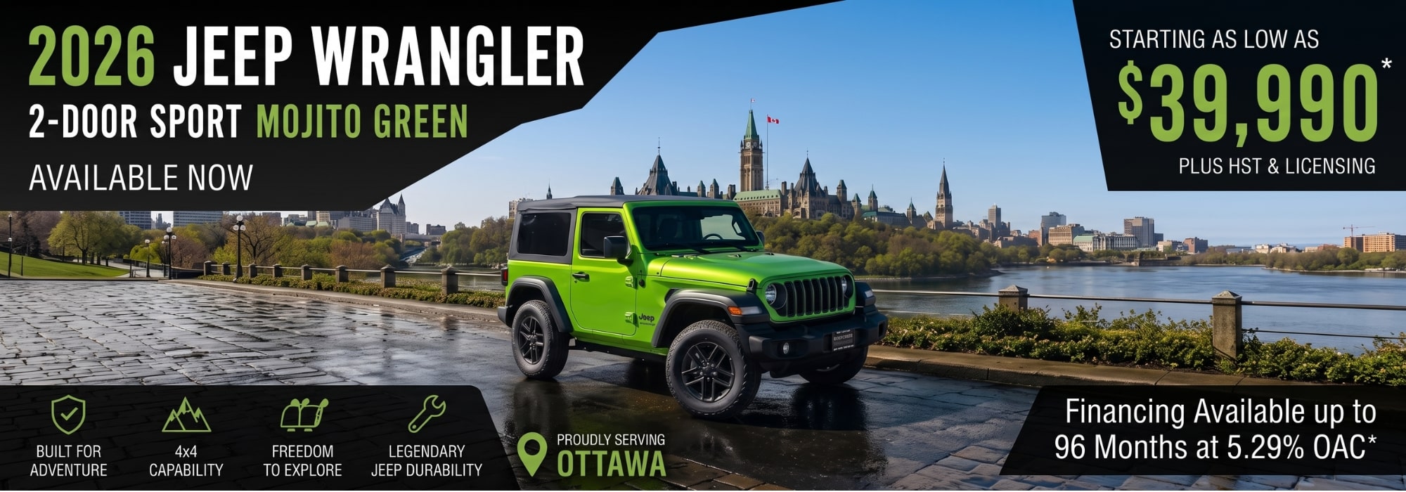 2026 Jeep Wrangler 2-door Sport in Mojito Green, available in Ottawa, starting at $39,990. Financing details included.