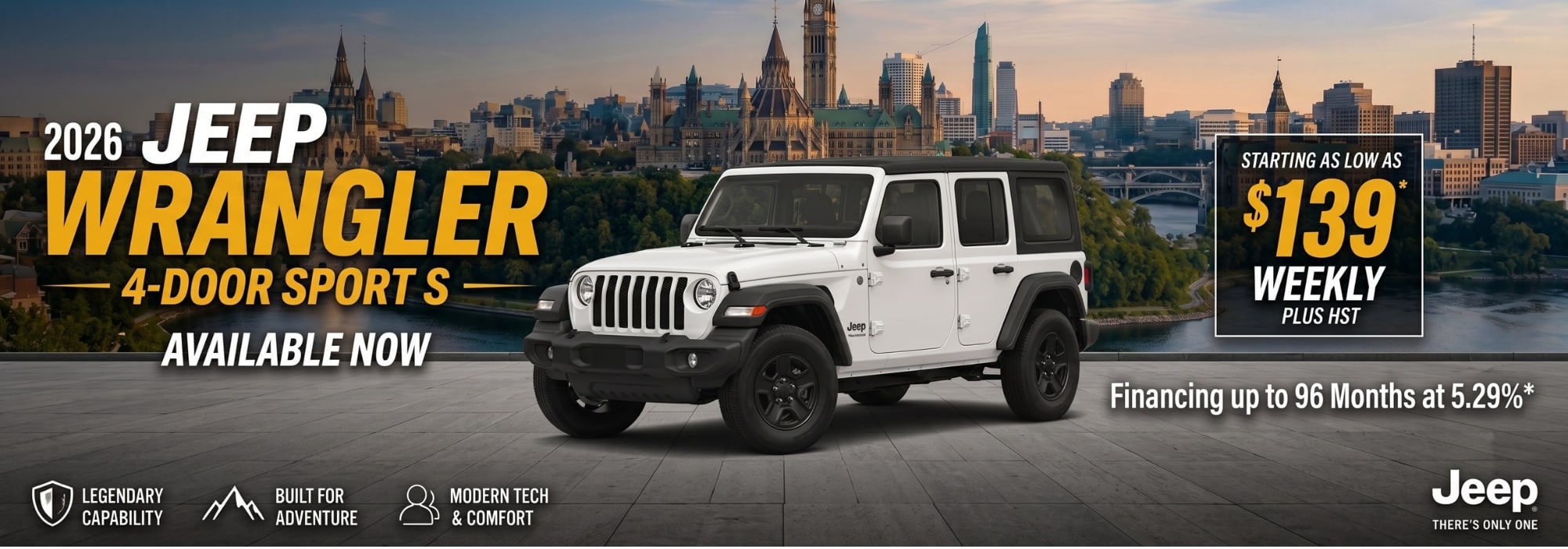 2026 Jeep Wrangler 4-Door Sport S, starting at $139 weekly, promotional cityscape background.