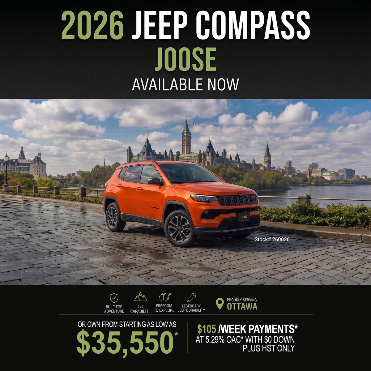 2026 Jeep Compass in orange displayed with Ottawa skyline, available now starting at $35,550.