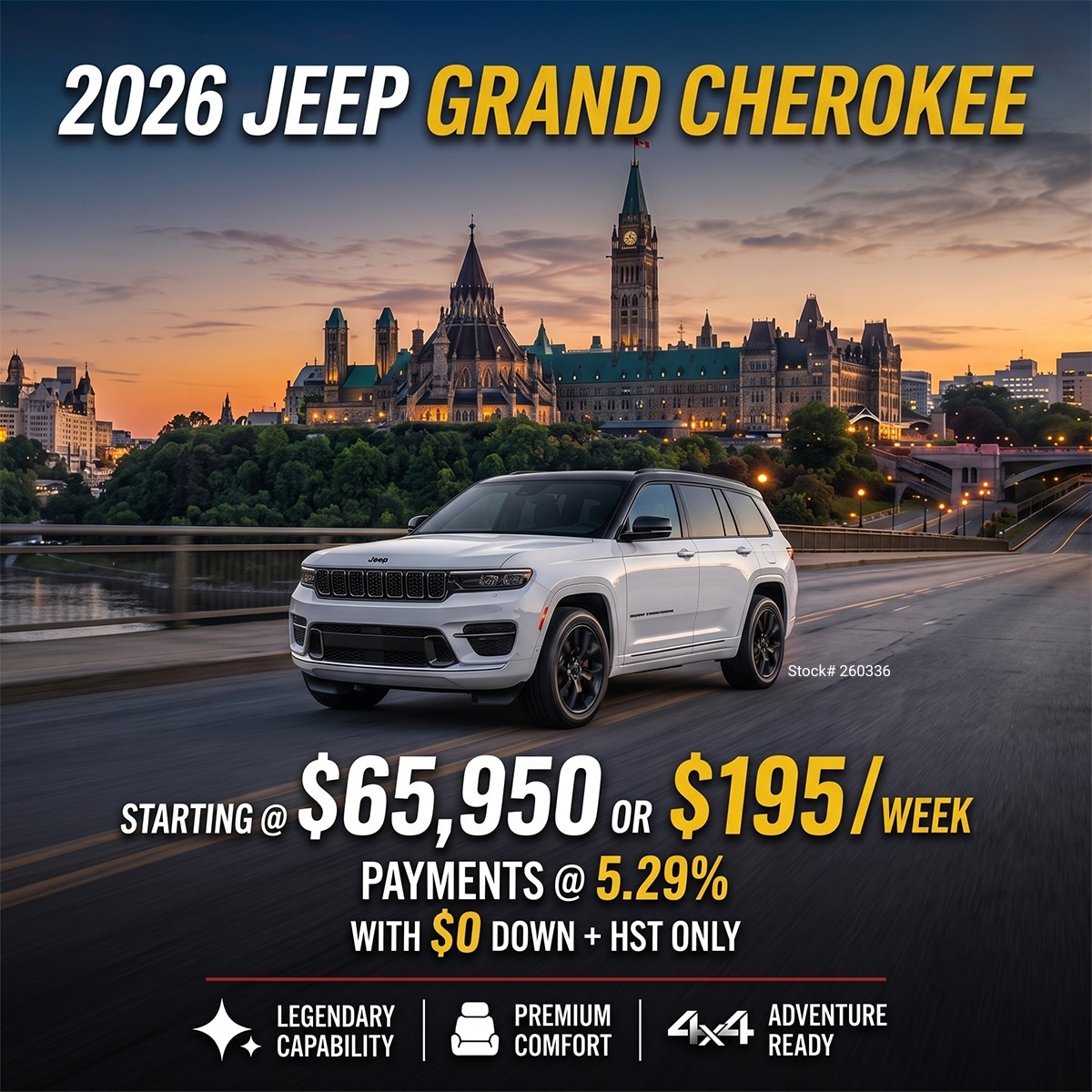 2026 Jeep Grand Cherokee ad, pricing from $65,950, features iconic city backdrop at sunset.