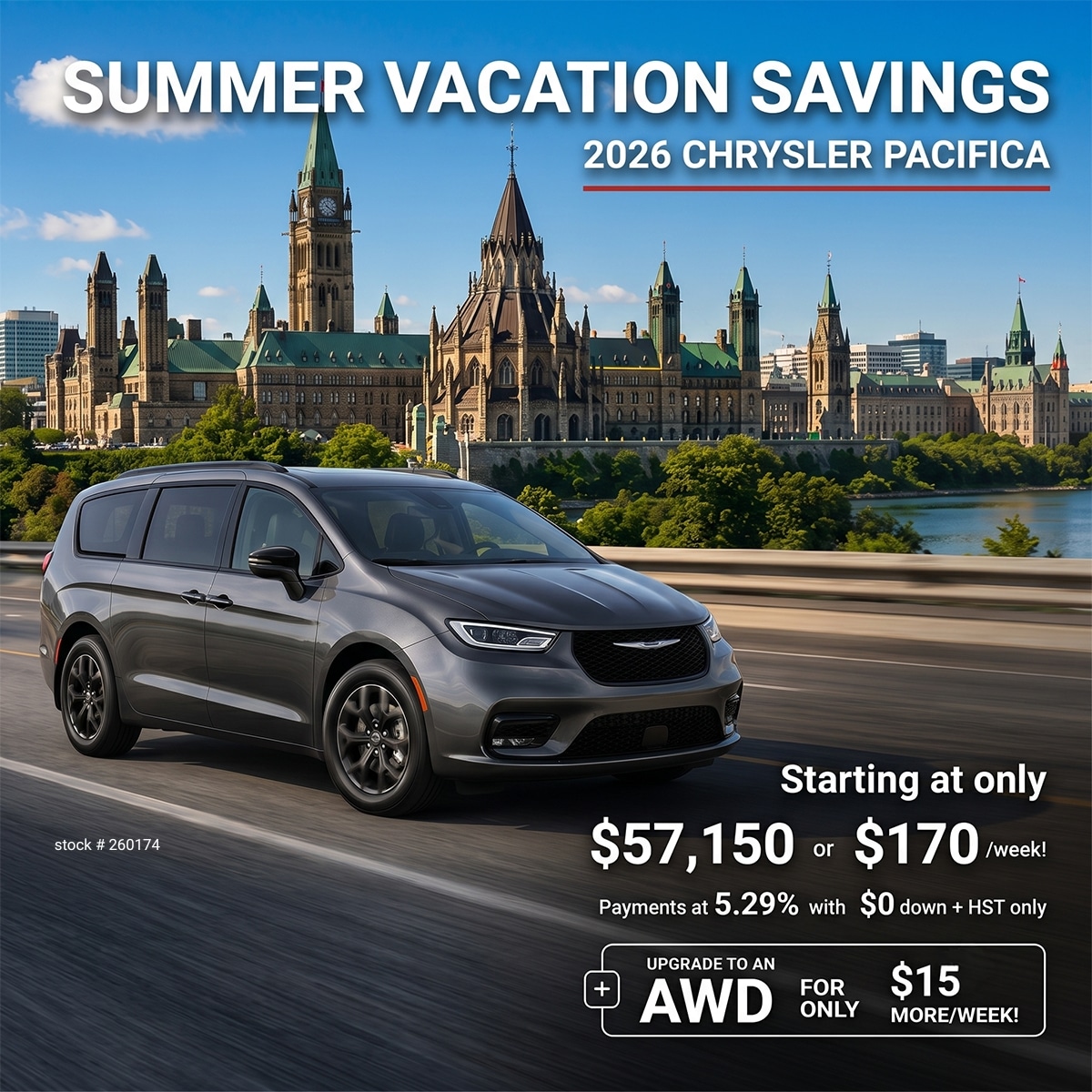 Chrysler Pacifica 2026 promotion with Ottawa skyline; prices start at $57,150 or $170/week.