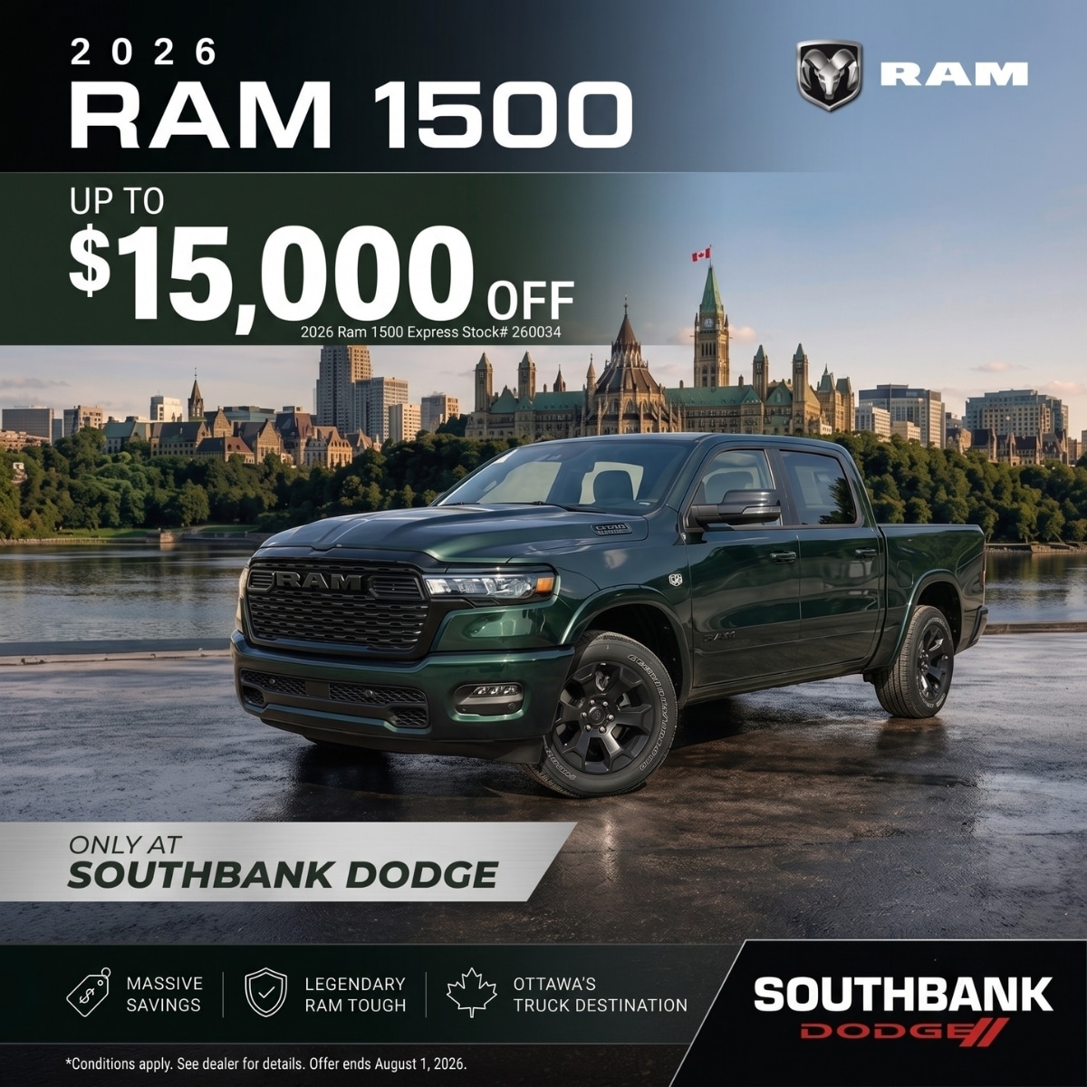2026 Ram 1500 offer at Southbank Dodge. Up to $15,000 off. Green truck with Ottawa skyline.