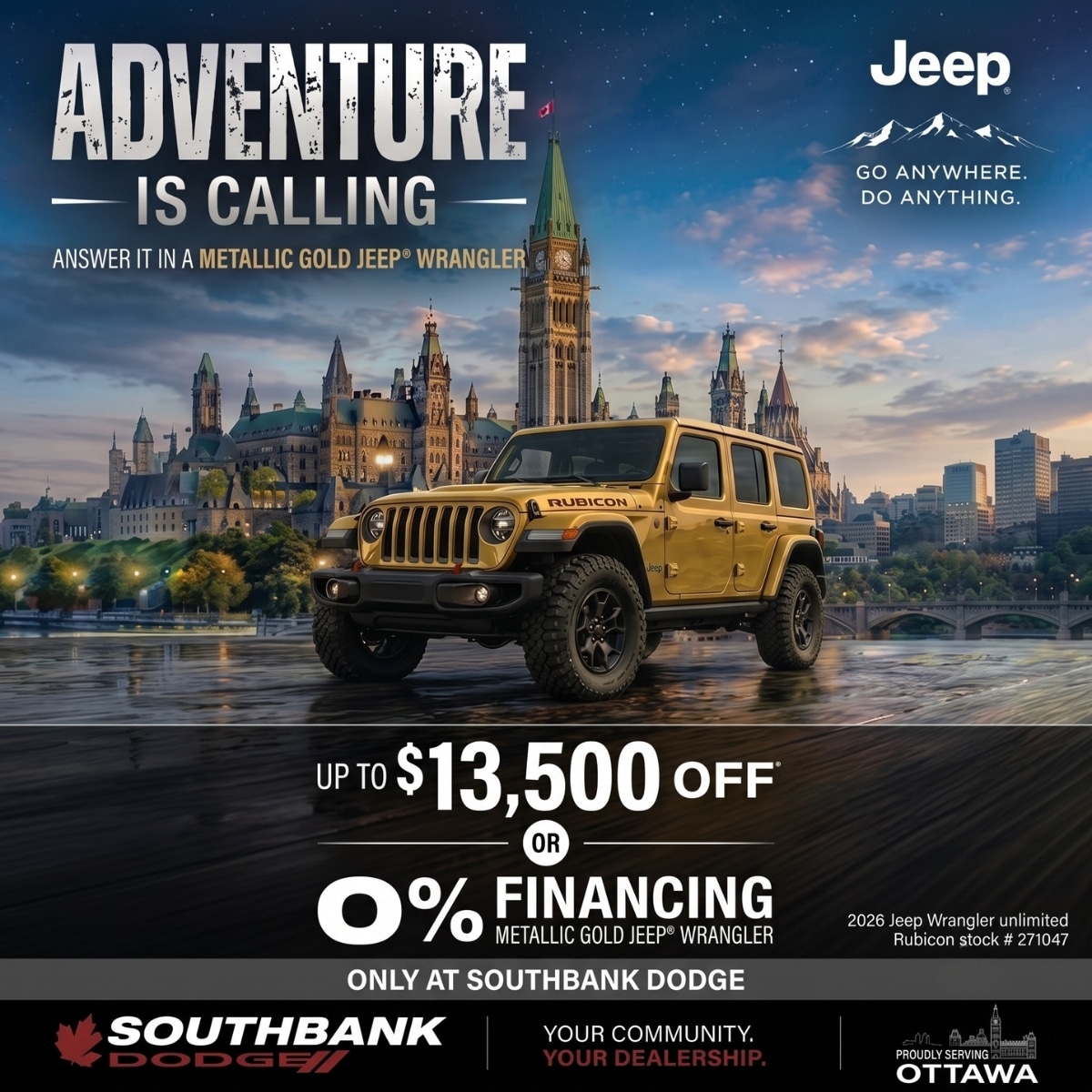 Metallic gold Jeep Wrangler parked in front of Parliament, offering up to $13,500 off or 0% financing at Southbank Dodge, Ottawa.