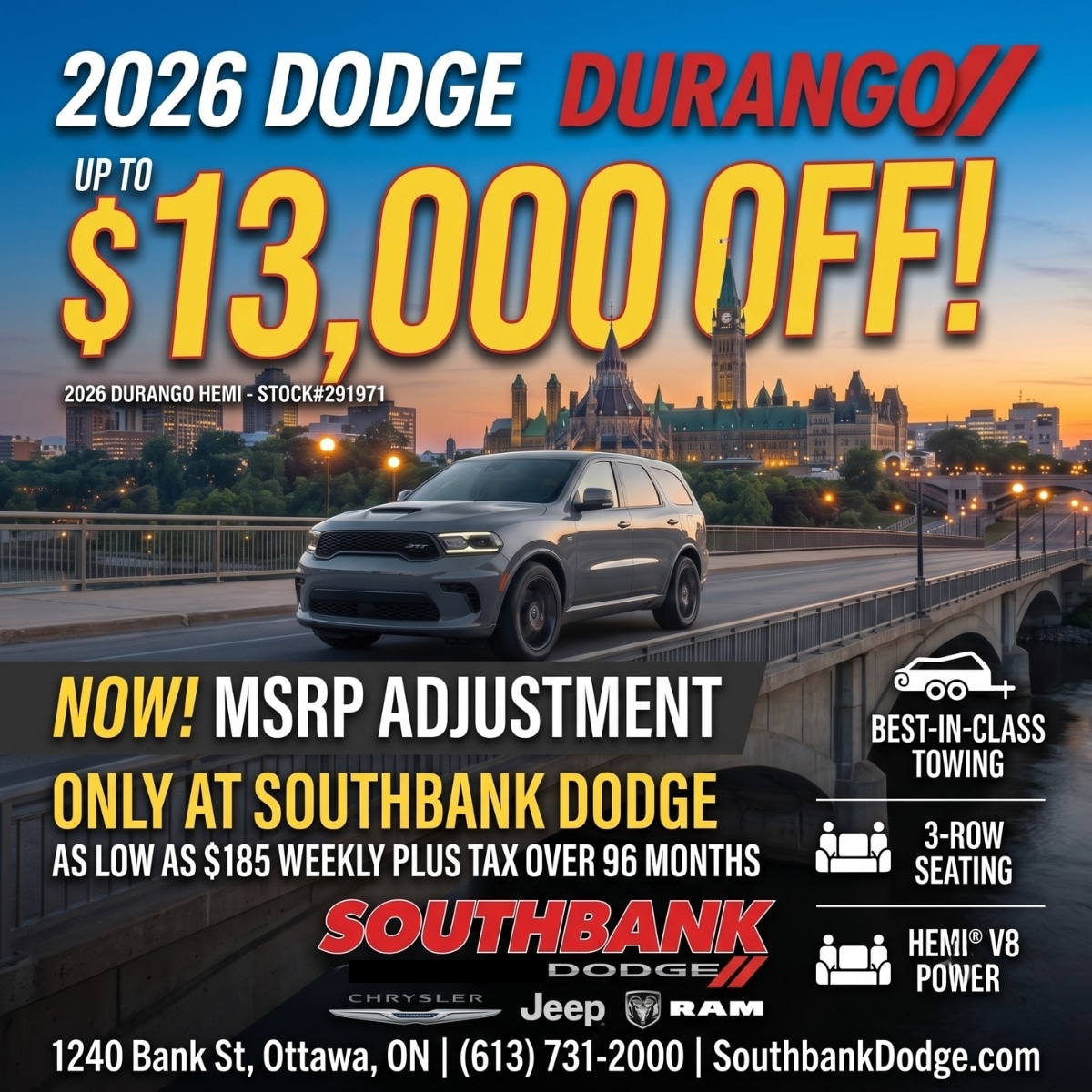 2026 Dodge Durango ad offering up to $13,000 off. Features include best-in-class towing and 3-row seating.