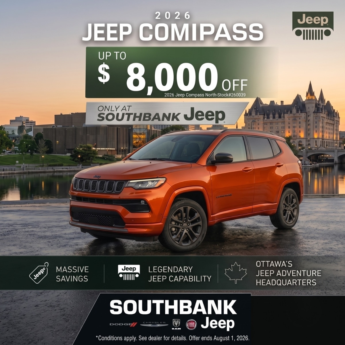 2026 Jeep Compass promotion offers up to $8,000 off at Southbank Jeep, showcasing an orange vehicle by a riverside cityscape.