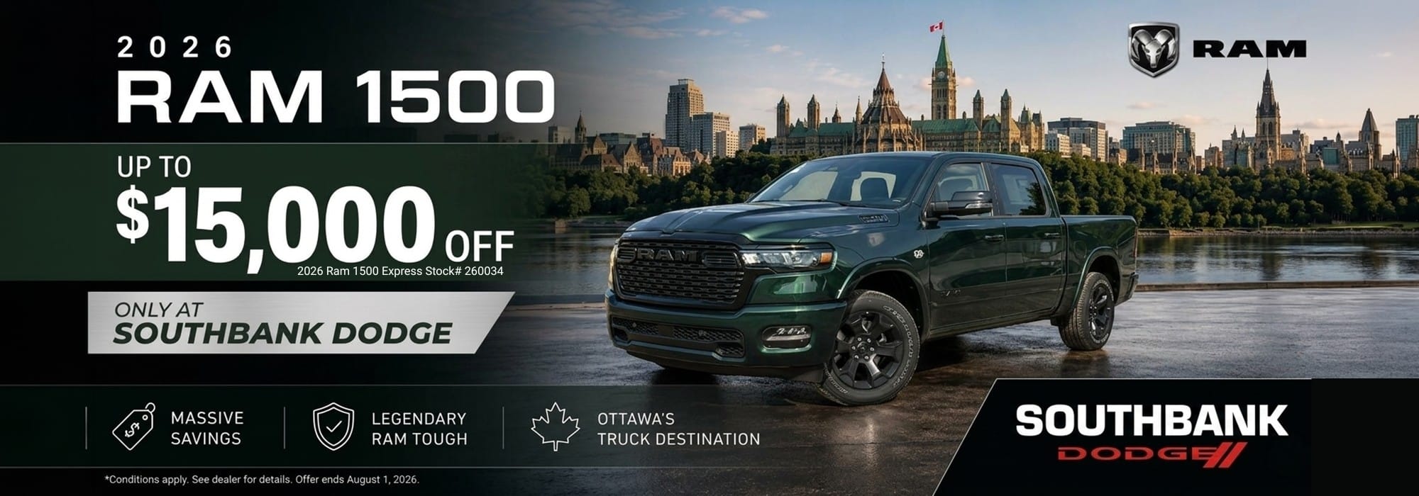 2026 Ram 1500 truck promotion with $15,000 discount, available at Southbank Dodge, Ottawa.