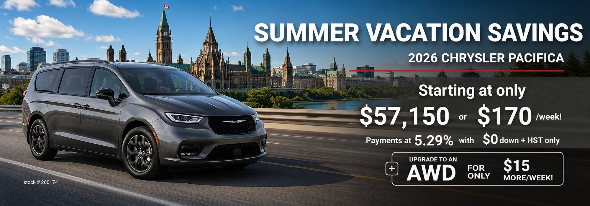 Chrysler Pacifica in front of city skyline, promoting summer savings starting at $57,150 or $170/week.