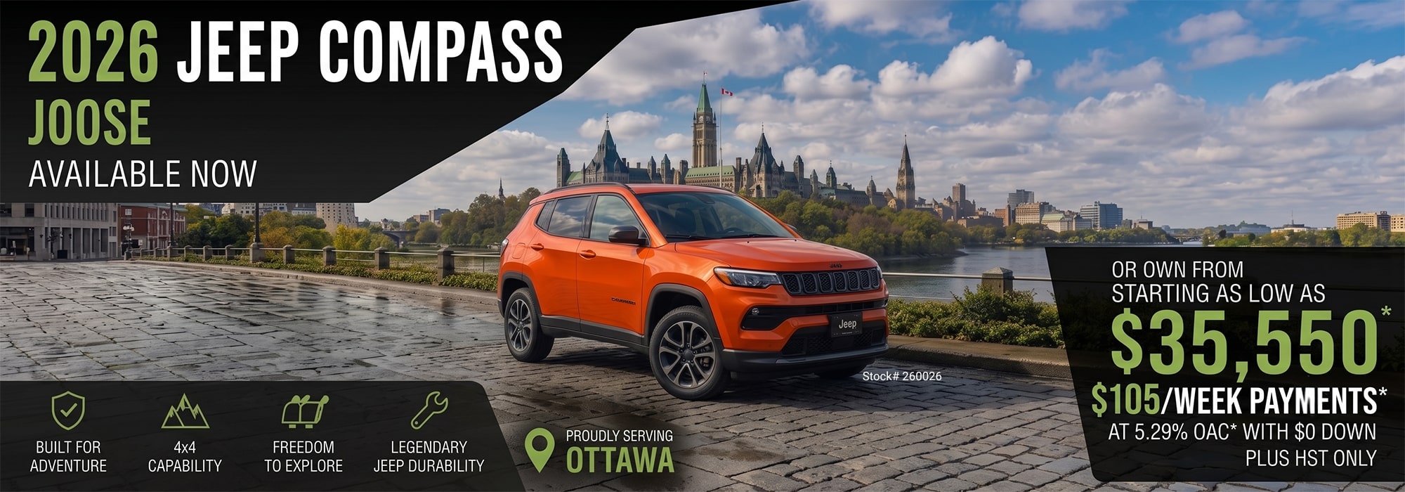 Orange 2026 Jeep Compass against Ottawa skyline, available for $35,550 or $105/week. Features 4x4 capability.