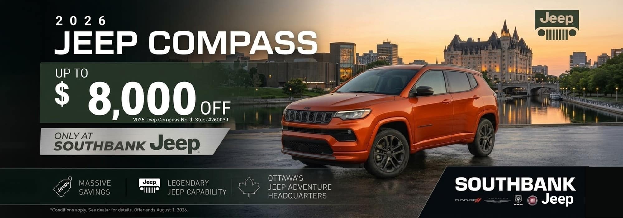 Orange 2026 Jeep Compass near waterfront cityscape. Up to $8,000 off at Southbank Jeep. Offer ends August 1, 2026.