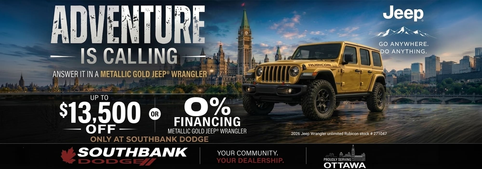 Advertisement for a metallic gold Jeep Wrangler with financing offers, featuring Ottawa's skyline.