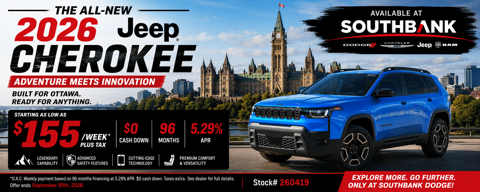 Advertisement for the 2026 Jeep Cherokee, highlighting features and starting price, with Ottawa skyline backdrop.