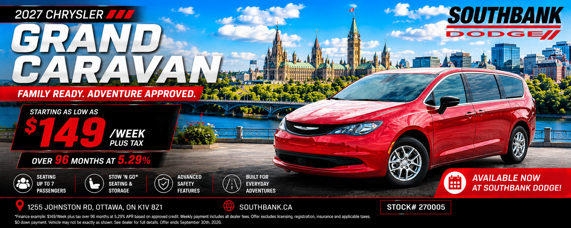 Red 2027 Chrysler Grand Caravan near scenic Ottawa skyline, advertised by Southbank Dodge with financing details.