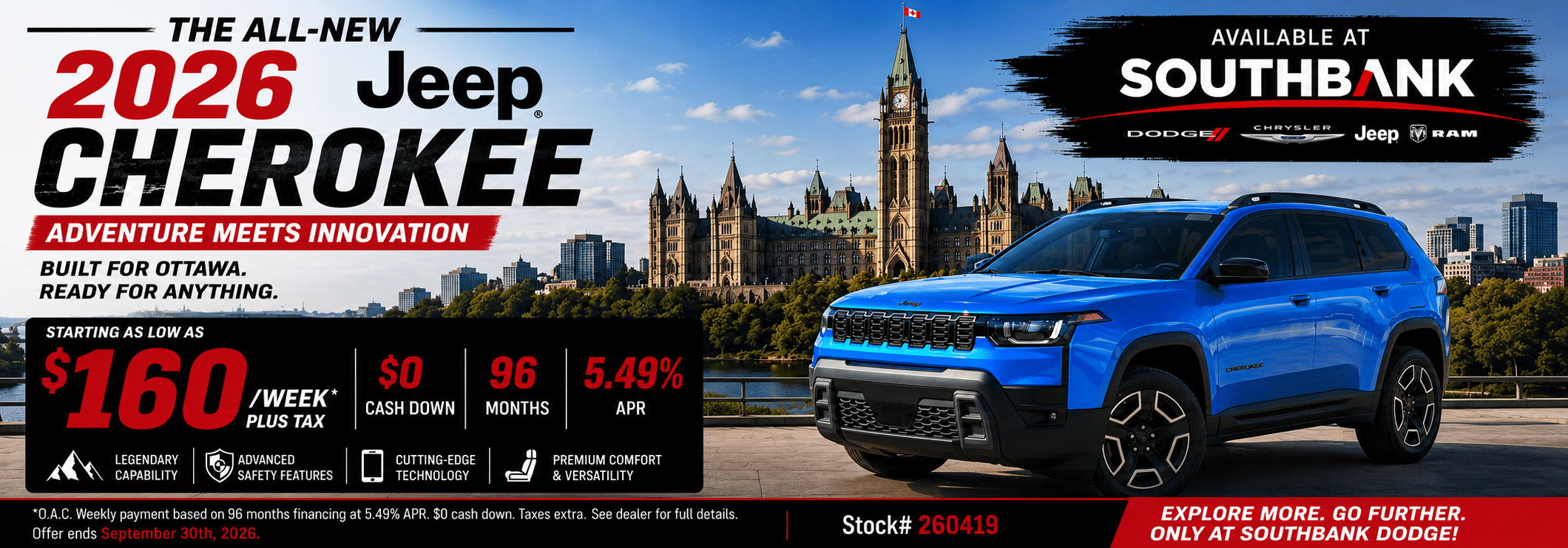 Ad for 2026 Jeep Cherokee in Ottawa, featuring low weekly payments, no down payment, and 5.49% APR.
