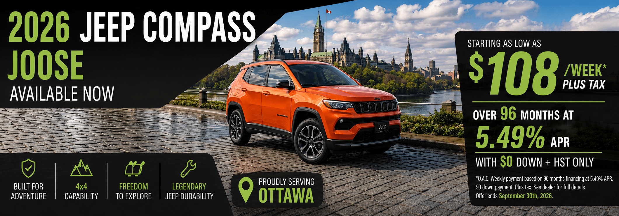2026 Jeep Compass ad, bright orange car on cobblestone, Ottawa backdrop, promo: $108/week, 5.49% APR.