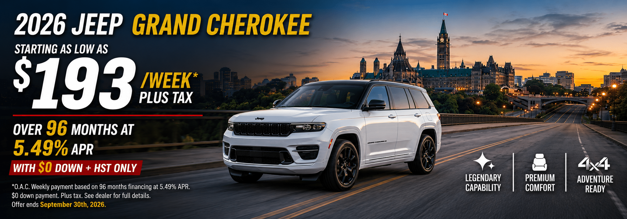 2026 Jeep Grand Cherokee ad offering $193/week, 5.49% APR over 96 months. Features include off-road capability.
