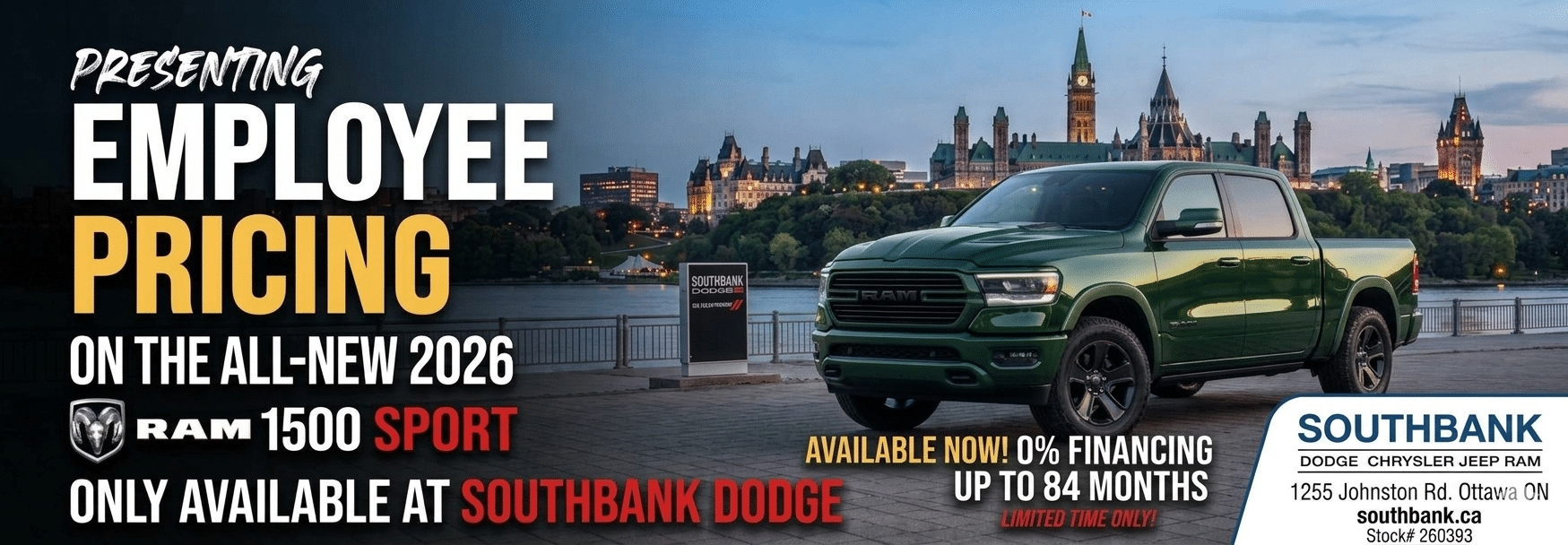 Promotion for 2026 Ram 1500 Sport at Southbank Dodge with employee pricing and 0% financing offer.