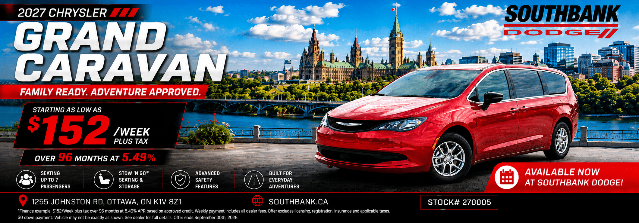 Red Chrysler Grand Caravan parked with Ottawa skyline backdrop. Southbank Dodge promo: $152/week.