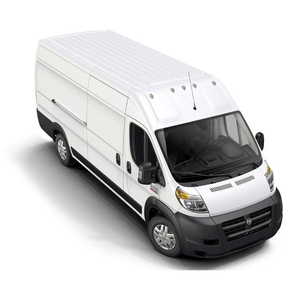 Fourgon cargo blanc à toit surélevé, vu de haut, adapté aux services de transport ou de livraison.