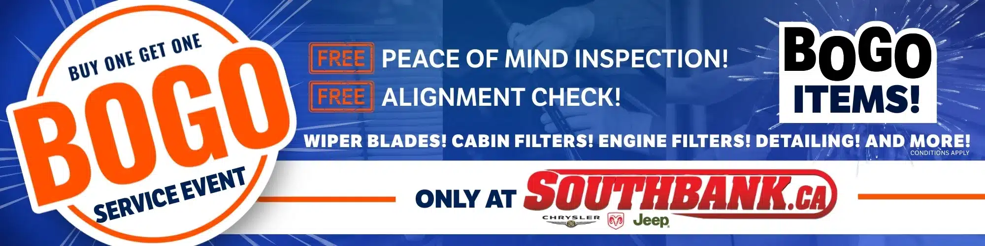 BOGO service event at Southbank.ca with free peace of mind inspection and alignment check.