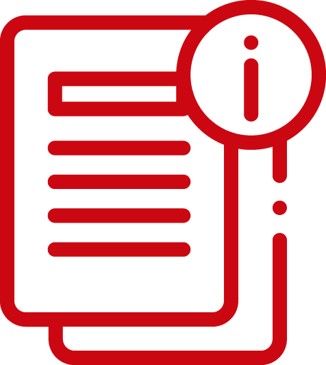 Icône rouge de documents empilés avec un symbole d'information sur le dessus.