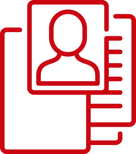 Icône rouge de contour d'une personne dans un dossier, symbolisant les données utilisateur ou les coordonnées.