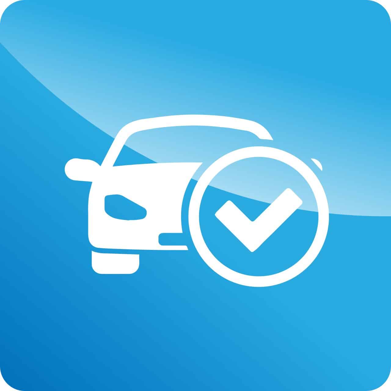 Icône de voiture blanche avec une coche sur fond bleu, symbolisant l'approbation ou la vérification du véhicule.