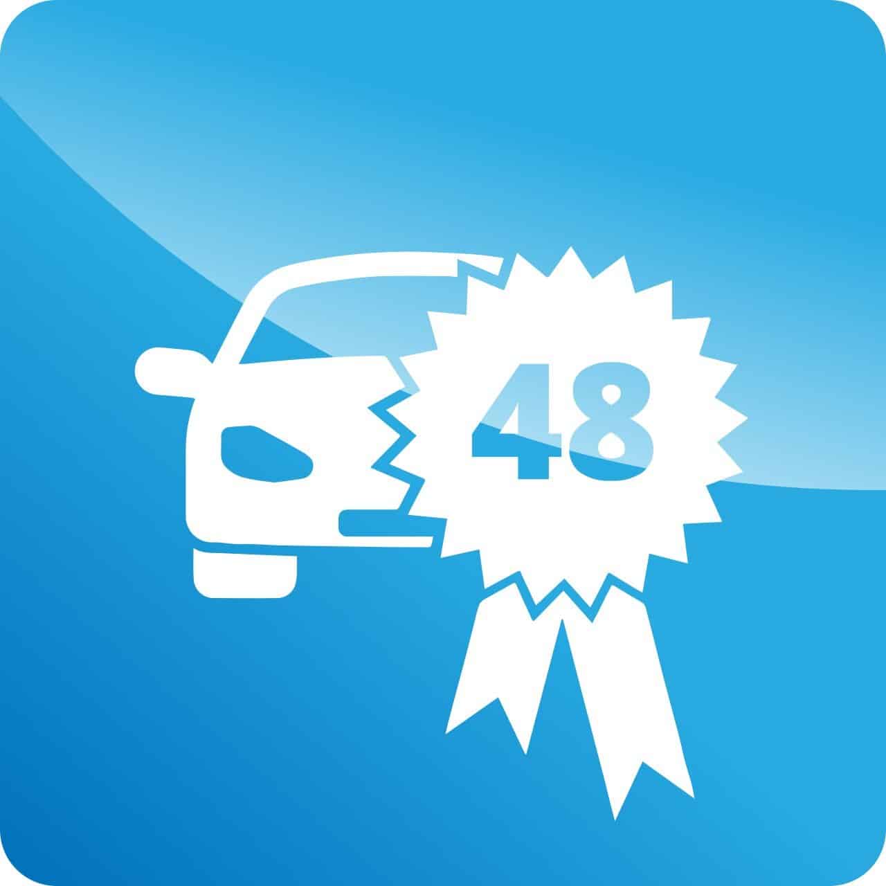 Icône de voiture avec un ruban blanc affichant le chiffre 48 sur fond bleu.