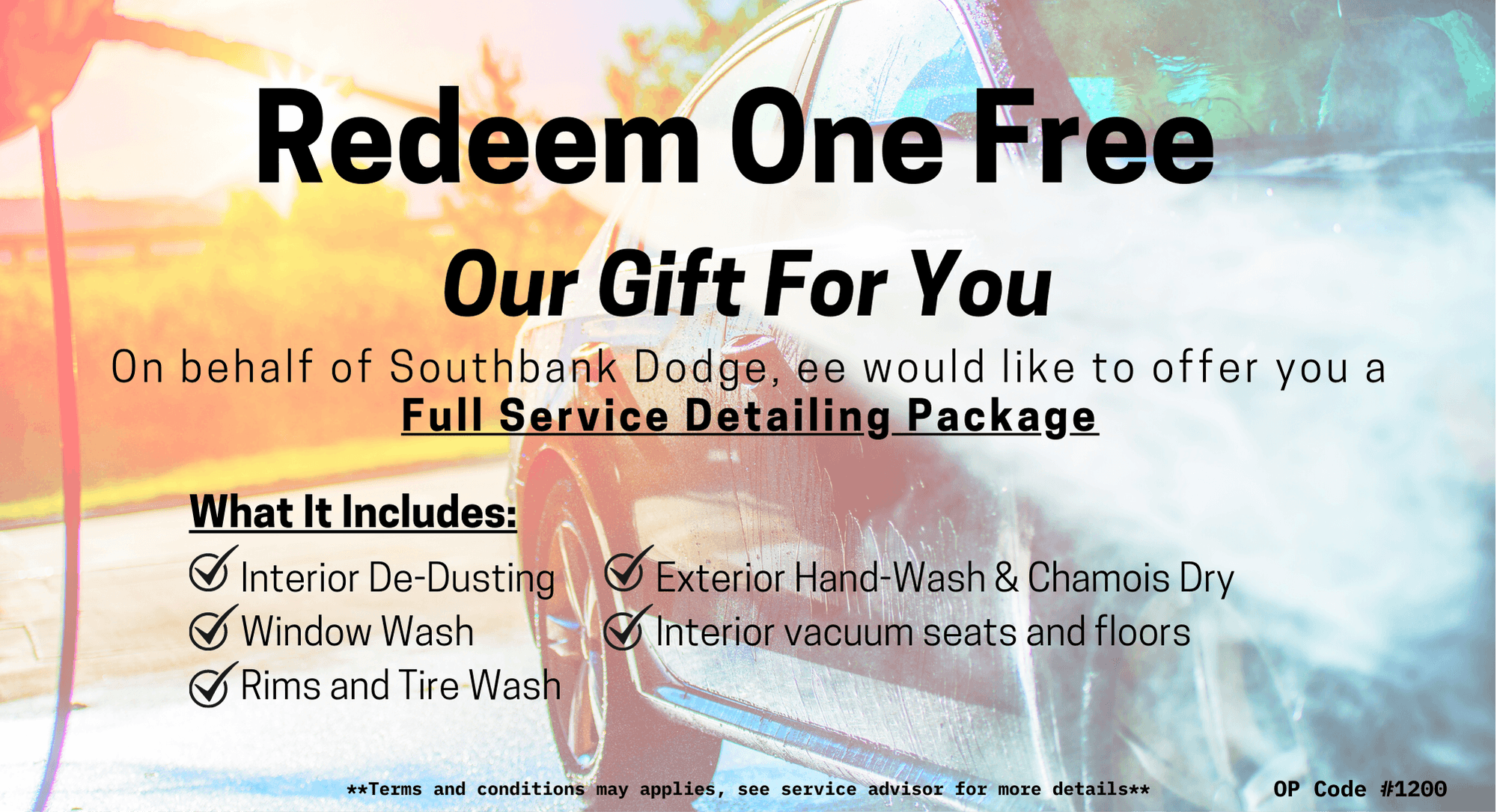Promotional image for a free full-service car detailing package from Southbank Dodge.