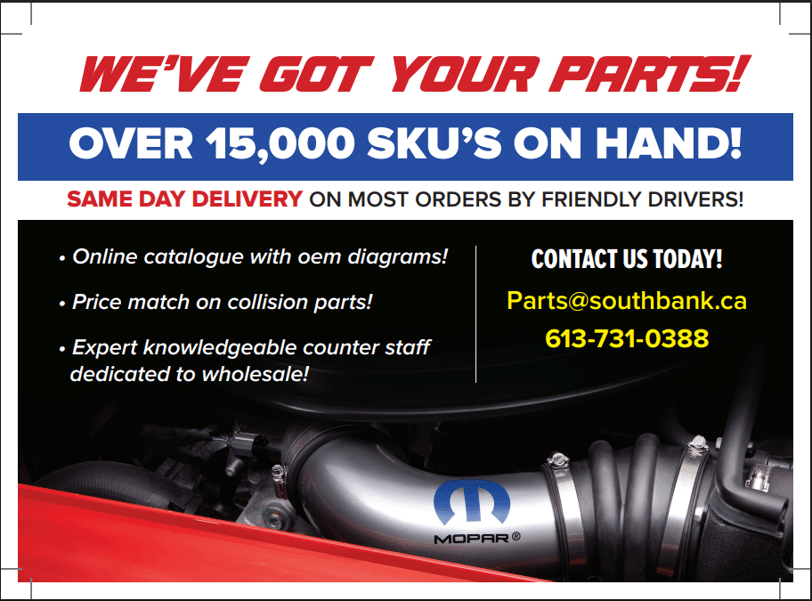 Auto parts advertisement featuring over 15,000 SKUs, same-day delivery, and contact details.