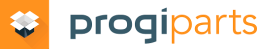 Logo ProgiParts avec icône géométrique et texte en gras sur fond orange et blanc.