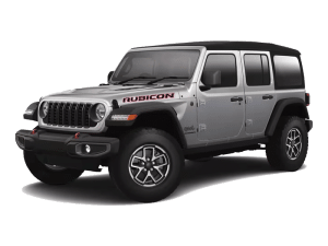 Jeep Rubicon argentée avec toit noir et calandre distinctive.