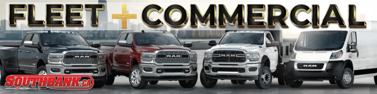 Ram trucks and van for fleet commercial services with "Southbank.ca" logo. Urban skyline backdrop.