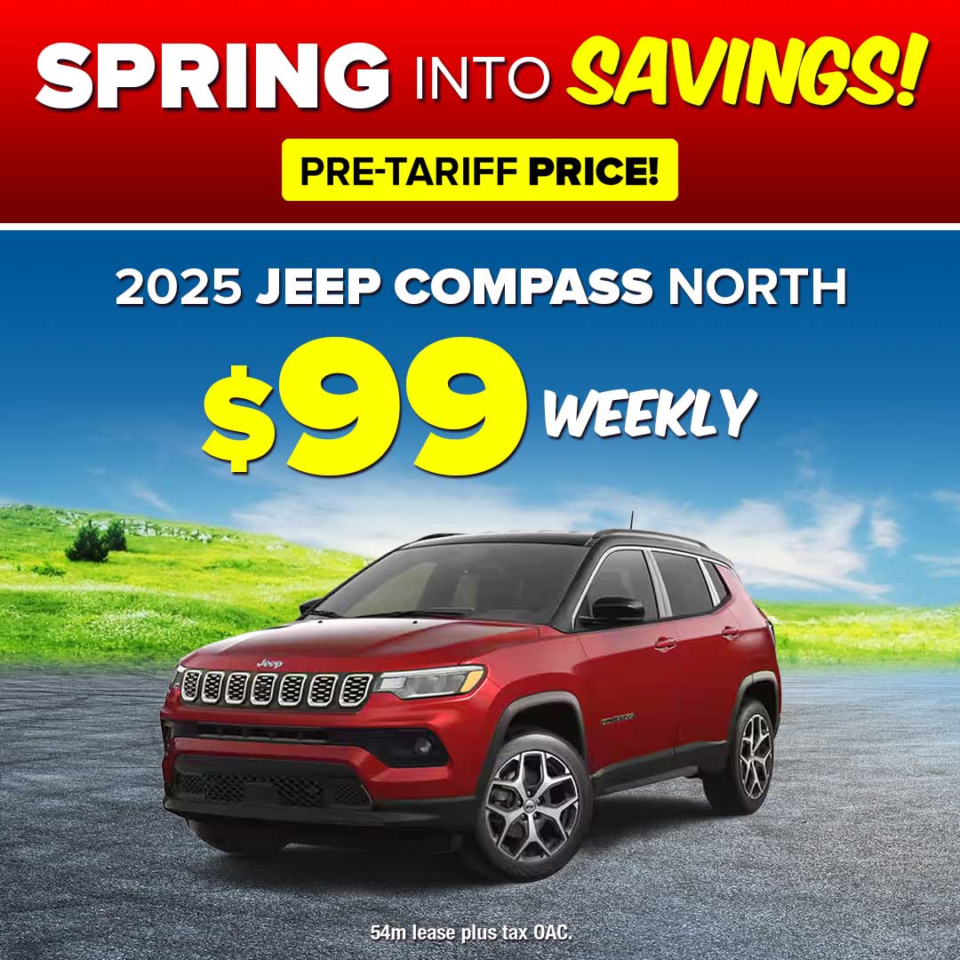 2025 Jeep Compass North for $99 weekly with pre-tariff price offer.