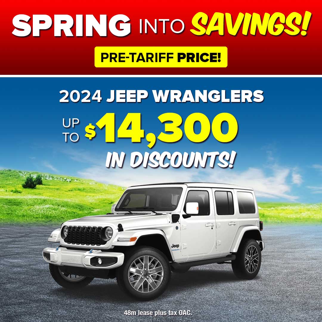 Spring sale on 2024 Jeep Wranglers with up to $14,300 in discounts. Pre-tariff price offer.