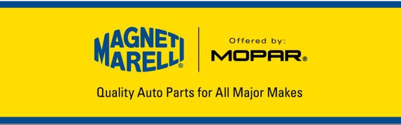 Logos Magneti Marelli et Mopar sur fond jaune faisant la promotion de pièces automobiles de qualité pour toutes les marques principales.