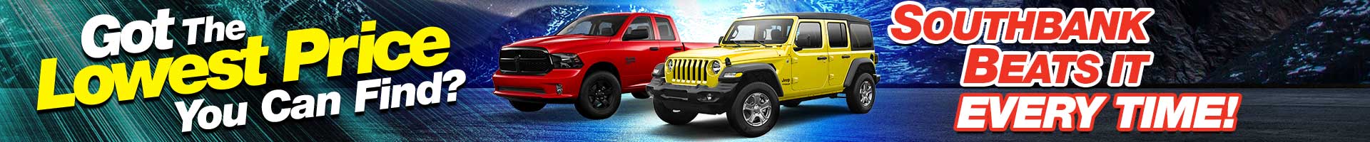 Red and yellow cars with text advertising low prices at Southbank dealership.