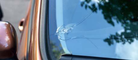 Pare-brise de voiture avec fissure visible en étoile, entouré d'arbres reflétés. Problème de sécurité automobile.
