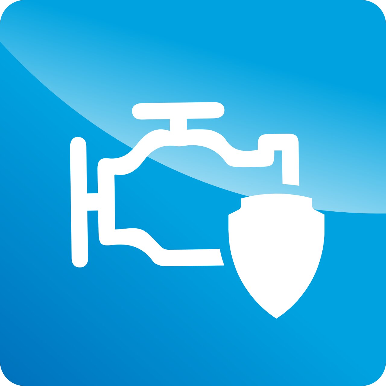 Icône de moteur blanc avec un bouclier superposé sur fond bleu, symbolisant la protection du moteur.