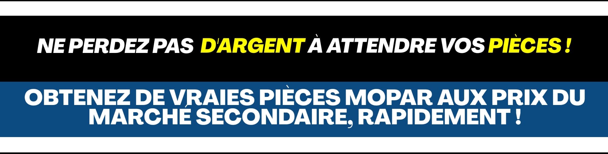 Annonce promotionnelle pour pièces Mopar, soulignant prix compétitifs et livraison rapide avec logos progiparts, repairlink et collisionlink.