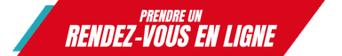 Bannière rouge et sarcelle avec le texte "Prendre rendez-vous en ligne" en caractères blancs gras.